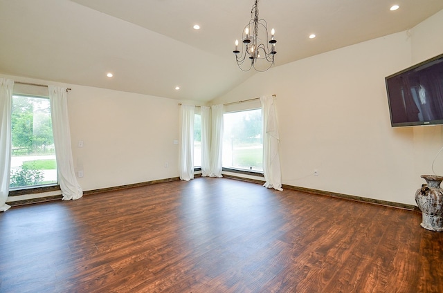 36615 Maverick Rd, Simonton, TX 77485 - unfurnished living room featuring plenty of natural light, a chandelier, lofted ceiling, recessed lighting, and dark wood-type flooring