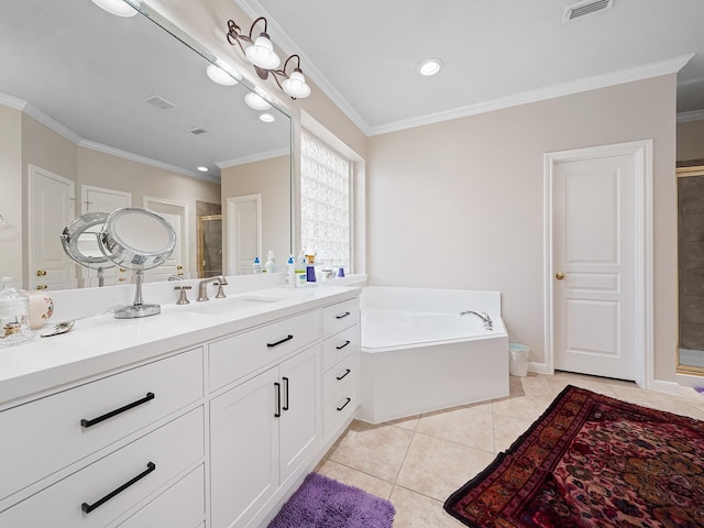 23647 Litchfield Bend Ln, Katy, TX 77494 - full bath featuring crown molding, a stall shower, vanity, a garden tub, and tile patterned flooring