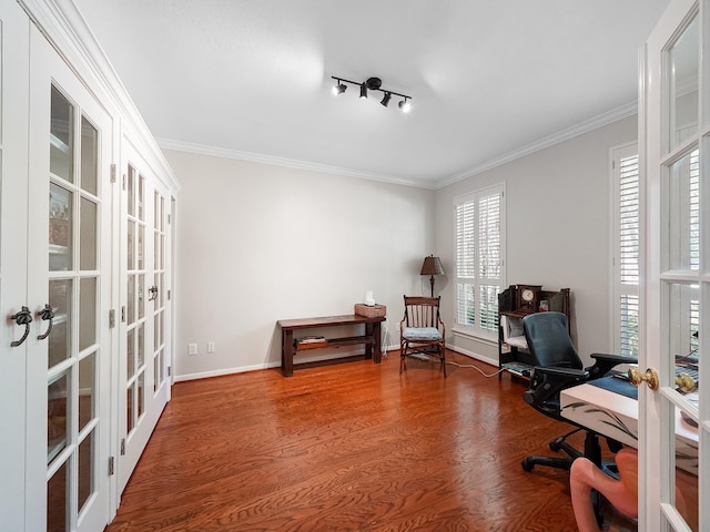 23647 Litchfield Bend Ln, Katy, TX 77494 - office featuring french doors, plenty of natural light, crown molding, wood finished floors, and baseboards