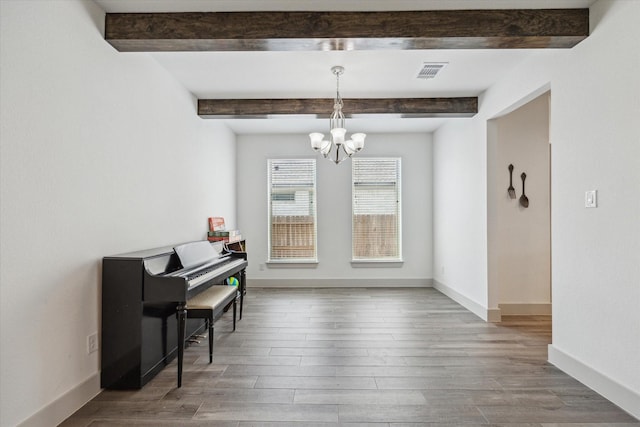 1685 Daylight Lake Dr, Katy, TX 77493 - dining area with a chandelier, baseboards, wood finished floors, and beamed ceiling