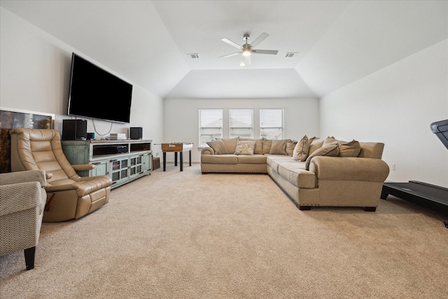 1685 Daylight Lake Dr, Katy, TX 77493 - living area featuring carpet floors, a ceiling fan, and vaulted ceiling