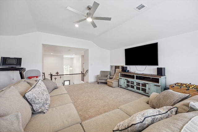 1685 Daylight Lake Dr, Katy, TX 77493 - living area with vaulted ceiling, carpet flooring, and a ceiling fan