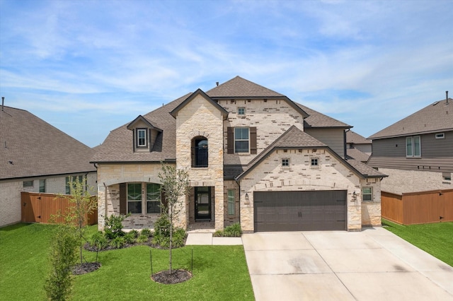 1685 Daylight Lake Dr, Katy, TX 77493 - french country home with stone siding, concrete driveway, an attached garage, and roof with shingles