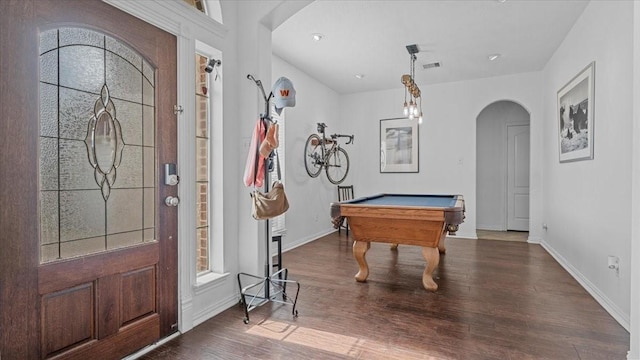 19603 Pitchstone Dr, Tomball, TX 77377 - entryway featuring arched walkways, wood finished floors, billiards table, and baseboards