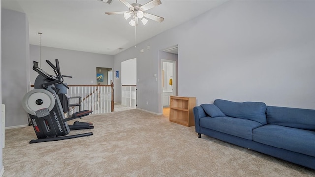 19603 Pitchstone Dr, Tomball, TX 77377 - exercise room with a ceiling fan, carpet floors, and baseboards
