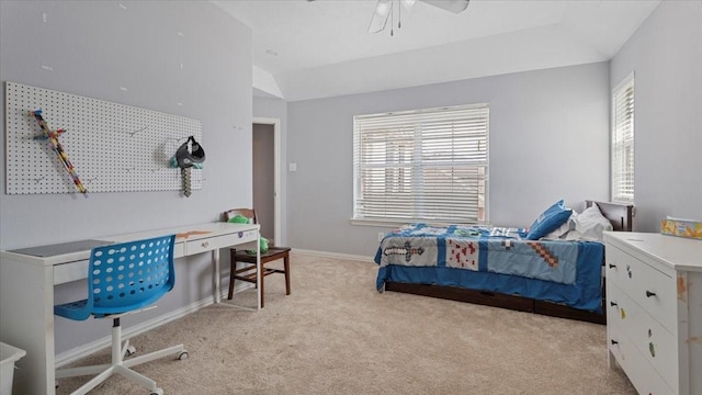 19603 Pitchstone Dr, Tomball, TX 77377 - bedroom featuring carpet, vaulted ceiling, baseboards, and a ceiling fan