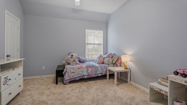 19603 Pitchstone Dr, Tomball, TX 77377 - bedroom with light colored carpet, lofted ceiling, baseboards, and ceiling fan