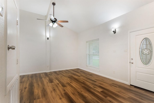 12626 Marble Dr, Houston, TX 77070 - foyer entrance featuring a ceiling fan, wood finished floors, vaulted ceiling, and baseboards