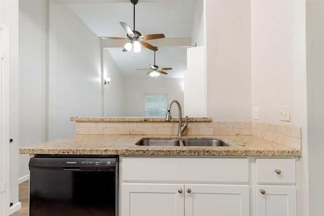 12626 Marble Dr, Houston, TX 77070 - kitchen featuring black dishwasher, a sink, light stone counters, ceiling fan, and white cabinets