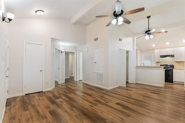 12626 Marble Dr, Houston, TX 77070 - unfurnished living room featuring ceiling fan, dark wood finished floors, high vaulted ceiling, baseboards, and beamed ceiling