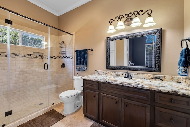 15818 Conners Ace Dr, Spring, TX 77379 - bathroom with toilet, vanity, a shower stall, crown molding, and tile patterned flooring