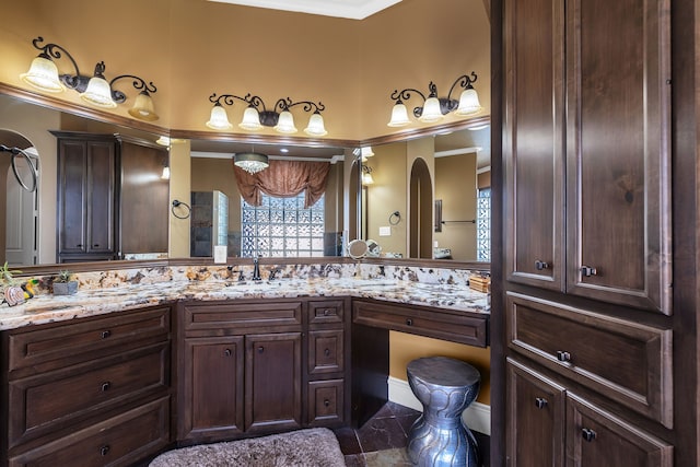 15818 Conners Ace Dr, Spring, TX 77379 - bathroom with vanity, crown molding, and marble finish floors