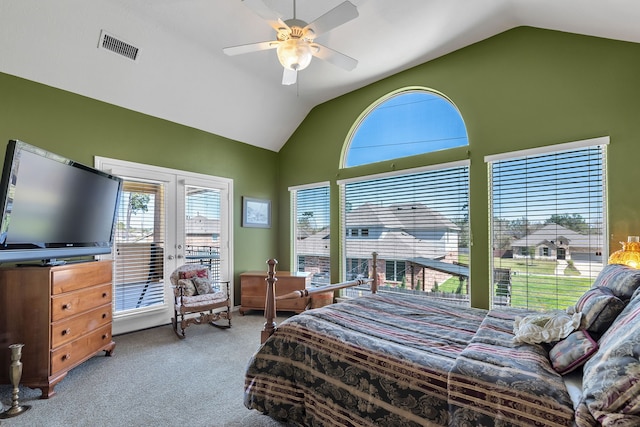 15818 Conners Ace Dr, Spring, TX 77379 - bedroom featuring vaulted ceiling, carpet floors, french doors, and a ceiling fan