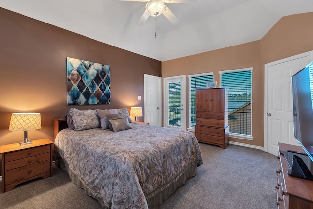 15818 Conners Ace Dr, Spring, TX 77379 - carpeted bedroom with vaulted ceiling, access to outside, baseboards, and ceiling fan