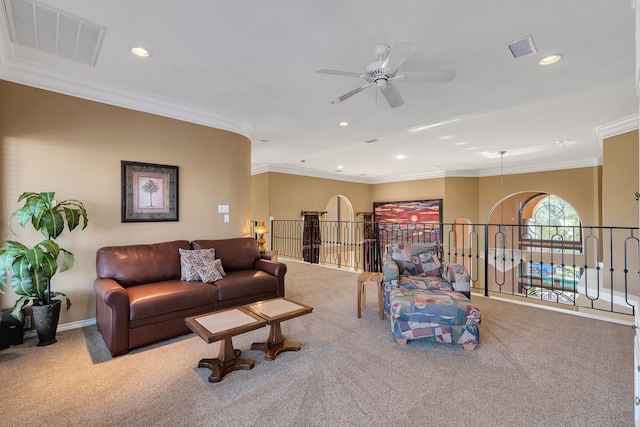 15818 Conners Ace Dr, Spring, TX 77379 - carpeted living area featuring ceiling fan, ornamental molding, recessed lighting, and baseboards