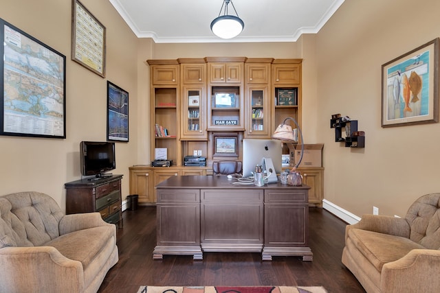 15818 Conners Ace Dr, Spring, TX 77379 - office featuring dark wood finished floors, ornamental molding, and baseboards