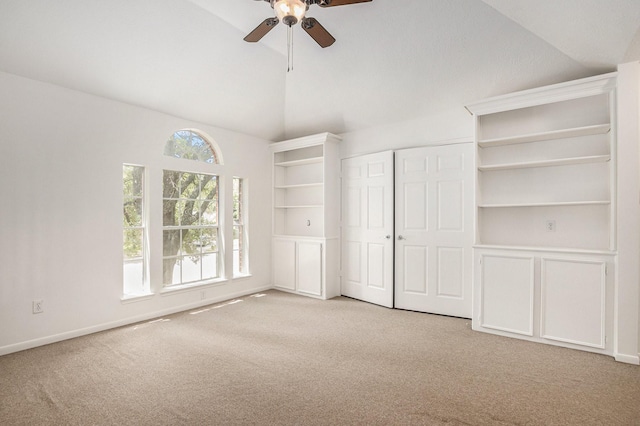 15242 Shapiro Springs Ln, Houston, TX 77095 - unfurnished bedroom with carpet, ceiling fan, a closet, high vaulted ceiling, and baseboards