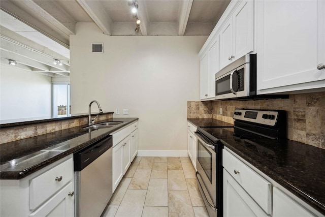 3600 Montrose Blvd Unit 906, Houston, TX 77006 - kitchen with stainless steel appliances, dark stone countertops, a sink, backsplash, and white cabinetry