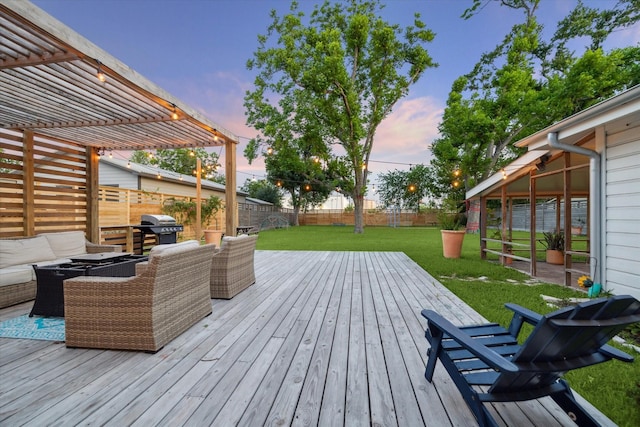 4509 Randwick Dr, Houston, TX 77092 - deck at dusk featuring a pergola, area for grilling, and an outdoor living space