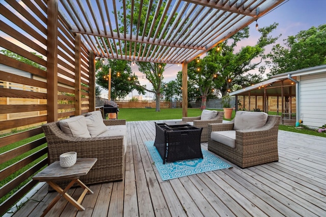 4509 Randwick Dr, Houston, TX 77092 - deck at dusk featuring outdoor lounge area and a pergola