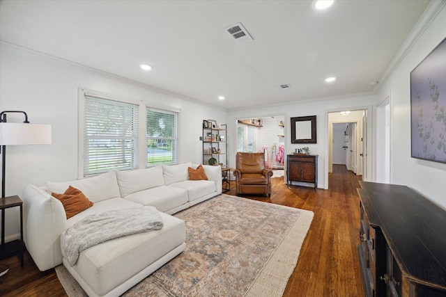 4509 Randwick Dr, Houston, TX 77092 - living room featuring ornamental molding, dark wood-style floors, and recessed lighting