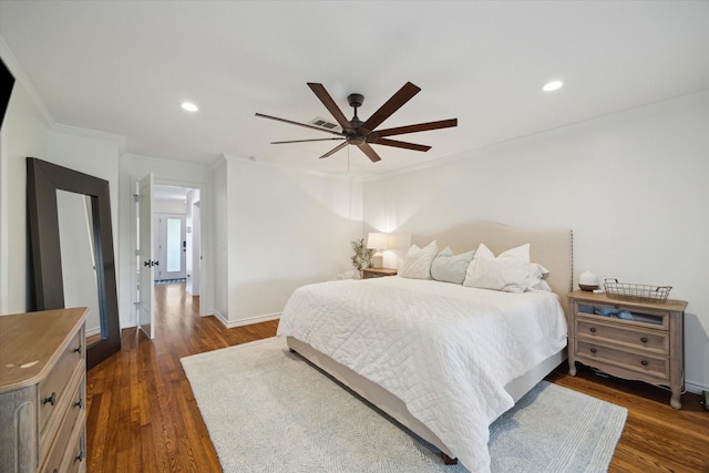 4509 Randwick Dr, Houston, TX 77092 - bedroom featuring ornamental molding, dark wood finished floors, baseboards, recessed lighting, and a ceiling fan