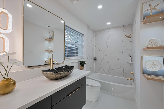 4434 Sarong Dr, Houston, TX 77096 - bathroom featuring vanity, toilet, recessed lighting, and tub / shower combination
