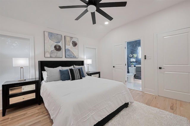4434 Sarong Dr, Houston, TX 77096 - bedroom featuring light wood-style floors, vaulted ceiling, ensuite bath, recessed lighting, and a ceiling fan