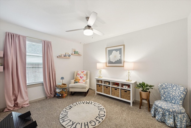 3710 Birtley Bend Way, Fulshear, TX 77441 - living area featuring carpet flooring, ceiling fan, and baseboards