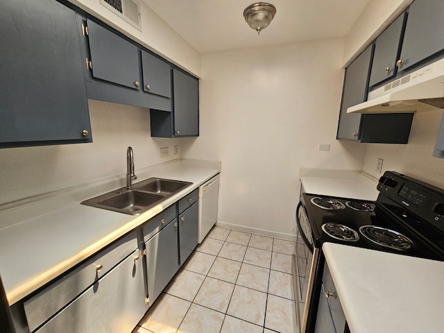 9809 Richmond Ave Unit F14, Houston, TX 77042 - kitchen with black / electric stove, a sink, white dishwasher, light tile patterned flooring, and light countertops