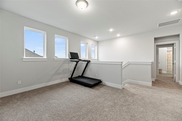 7851 Longhorn Trl, Fulshear, TX 77406 - workout room with light carpet, baseboards, and recessed lighting