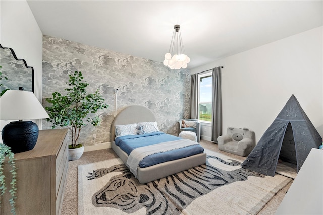 7851 Longhorn Trl, Fulshear, TX 77406 - carpeted bedroom featuring wallpapered walls, baseboards, and a chandelier