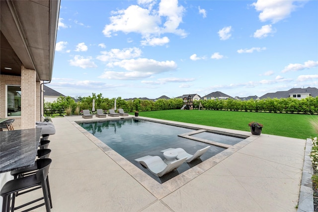 7851 Longhorn Trl, Fulshear, TX 77406 - swimming pool with a patio area, a yard, and a playground