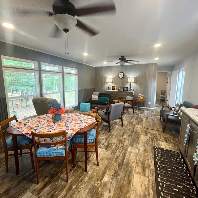 5002 Fm 811, Centerville, TX 75833 - dining area with a ceiling fan, wood-type flooring, recessed lighting, and wooden walls