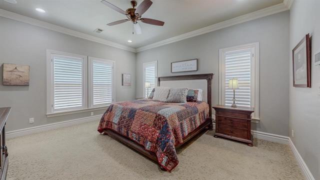 7705 Savannah, Beaumont, TX 77707 - carpeted bedroom with crown molding, baseboards, recessed lighting, and ceiling fan