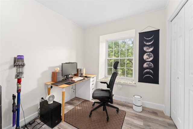 8223 Kingsbrook Rd Unit 212, Houston, TX 77024 - office area with ornamental molding, light wood finished floors, and baseboards