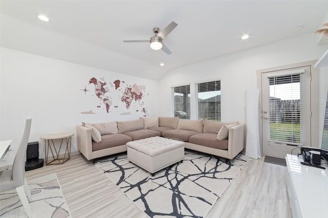 7011 Fleetwood Crescent Way, Richmond, TX 77407 - living room featuring light wood-style floors, ceiling fan, recessed lighting, and vaulted ceiling
