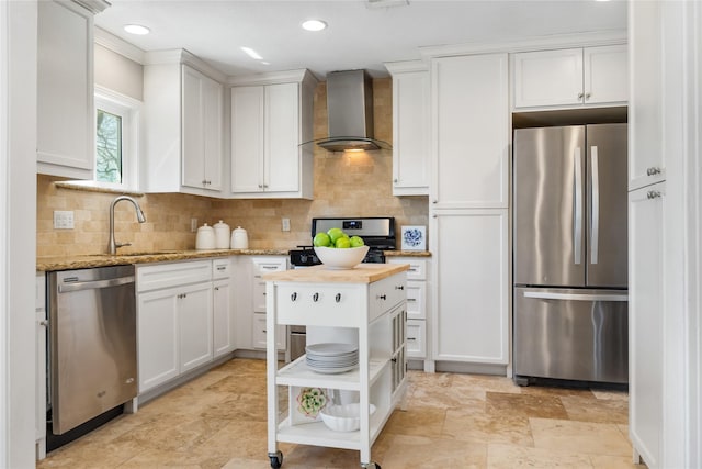 1007 W 43rd St, Houston, TX 77018 - kitchen with stainless steel appliances, wall chimney exhaust hood, a sink, open shelves, and white cabinetry