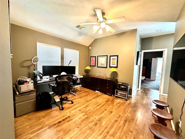 8910 Everhart Ln, Houston, TX 77040 - office area with ceiling fan, hardwood / wood-style floors, lofted ceiling, and healthy amount of natural light