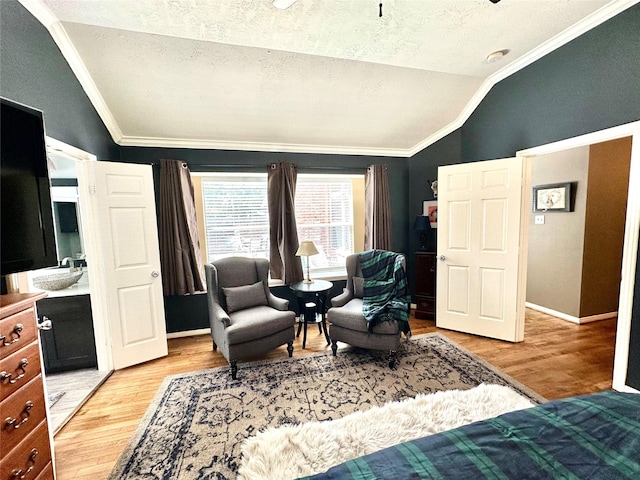 8910 Everhart Ln, Houston, TX 77040 - bedroom with vaulted ceiling, a textured ceiling, a sink, ornamental molding, and light wood-style flooring