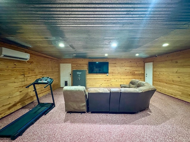 18 Joe Werner Ln, Huntsville, TX 77320 - carpeted living room featuring a wall mounted air conditioner, wood walls, and recessed lighting