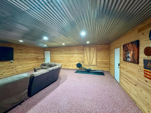 18 Joe Werner Ln, Huntsville, TX 77320 - home theater room with wood walls, carpet floors, and recessed lighting