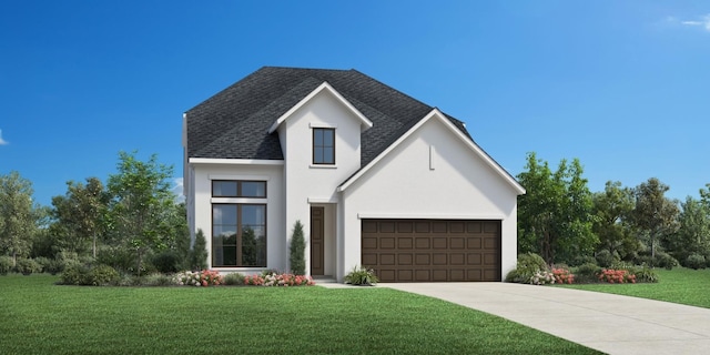 31718 Hatcher Grove Ln, Fulshear, TX 77441 - view of front of home with an attached garage, stucco siding, a shingled roof, a front yard, and driveway