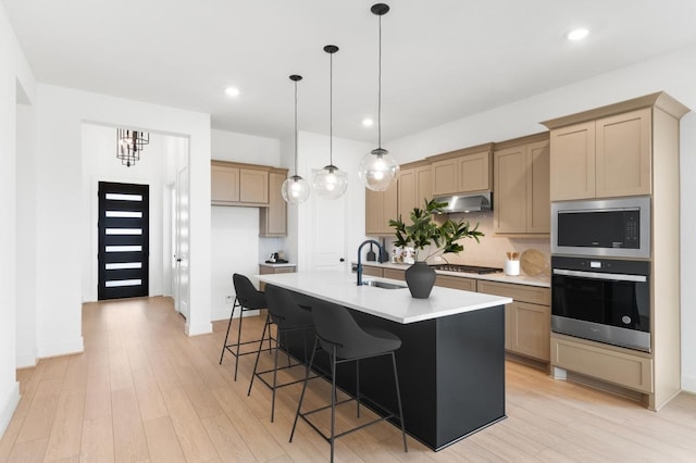31718 Hatcher Grove Ln, Fulshear, TX 77441 - kitchen with appliances with stainless steel finishes, under cabinet range hood, a sink, tasteful backsplash, and a center island with sink