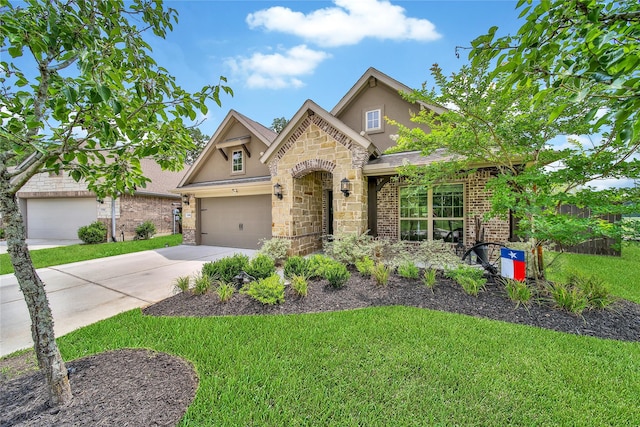 1586 Ancient Oak Ln, Conroe, TX 77301 - view of front facade featuring stucco siding, concrete driveway, a front yard, stone siding, and brick siding