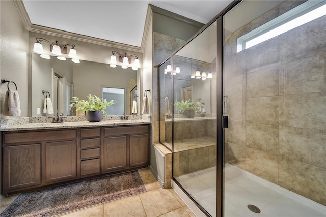 1586 Ancient Oak Ln, Conroe, TX 77301 - full bathroom featuring double vanity, a stall shower, ornamental molding, and tile patterned flooring