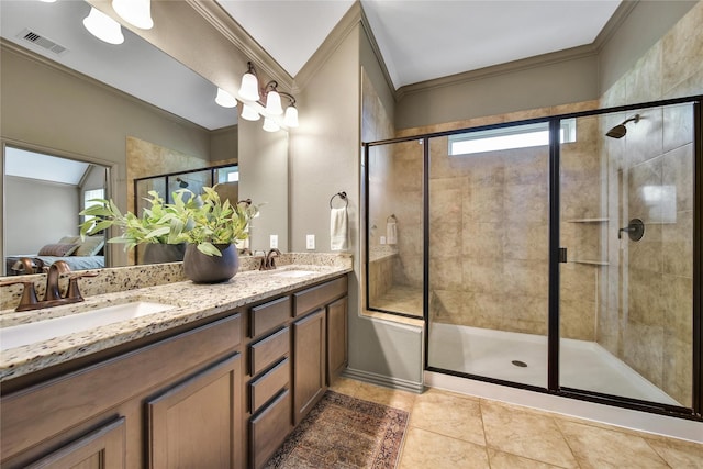 1586 Ancient Oak Ln, Conroe, TX 77301 - bathroom with ornamental molding, double vanity, a shower stall, connected bathroom, and tile patterned flooring