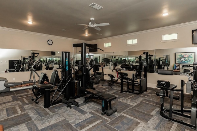 5950 Keith Rd, Lumberton, TX 77657 - workout area with ceiling fan, ornamental molding, and carpet floors