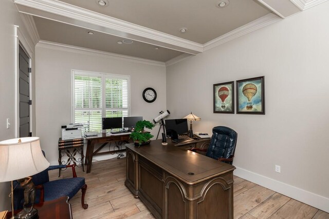 5950 Keith Rd, Lumberton, TX 77657 - home office with light wood finished floors, ornamental molding, and baseboards