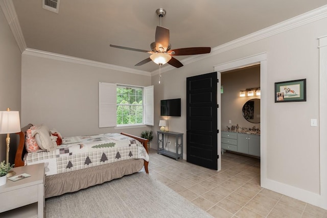 5950 Keith Rd, Lumberton, TX 77657 - bedroom with crown molding, light tile patterned floors, baseboards, a ceiling fan, and ensuite bathroom